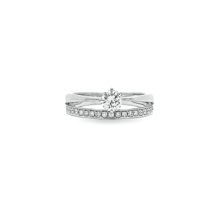 round cut diamond double band engagement ring set